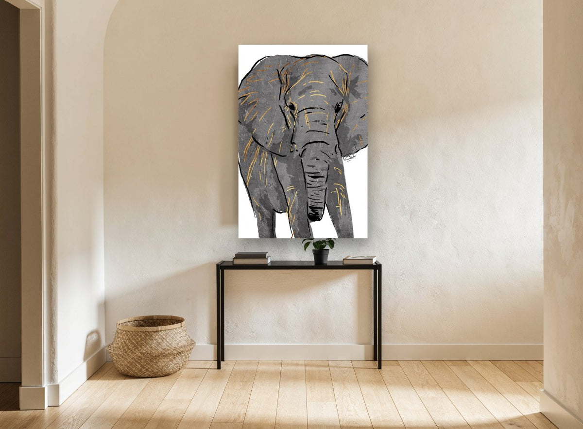 Gilded Grey Elephant animal canvas print on the wall of a hallway