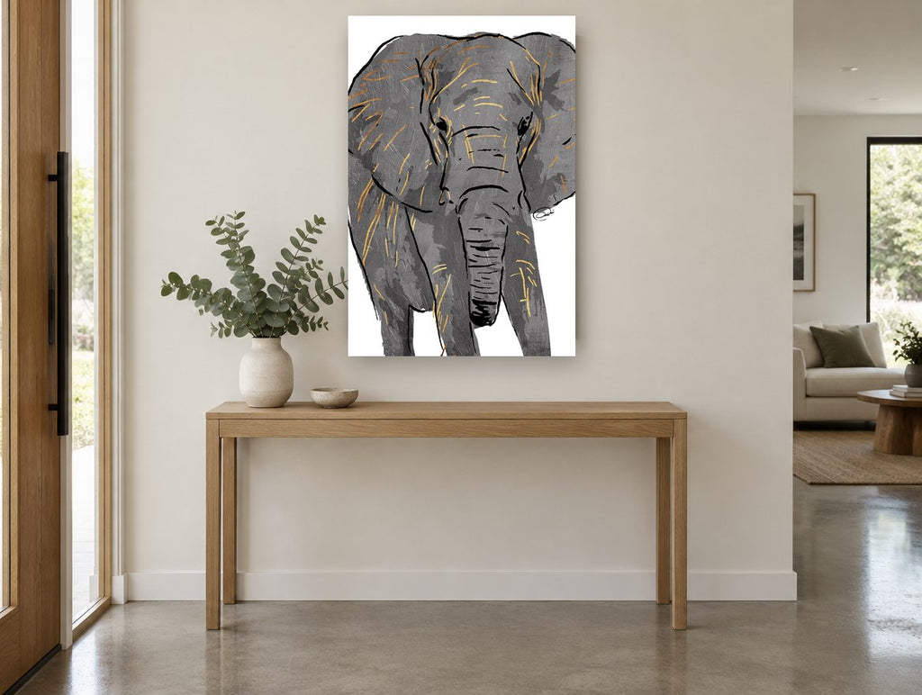 Gilded Grey Elephant animal canvas print on the wall of a entry hall