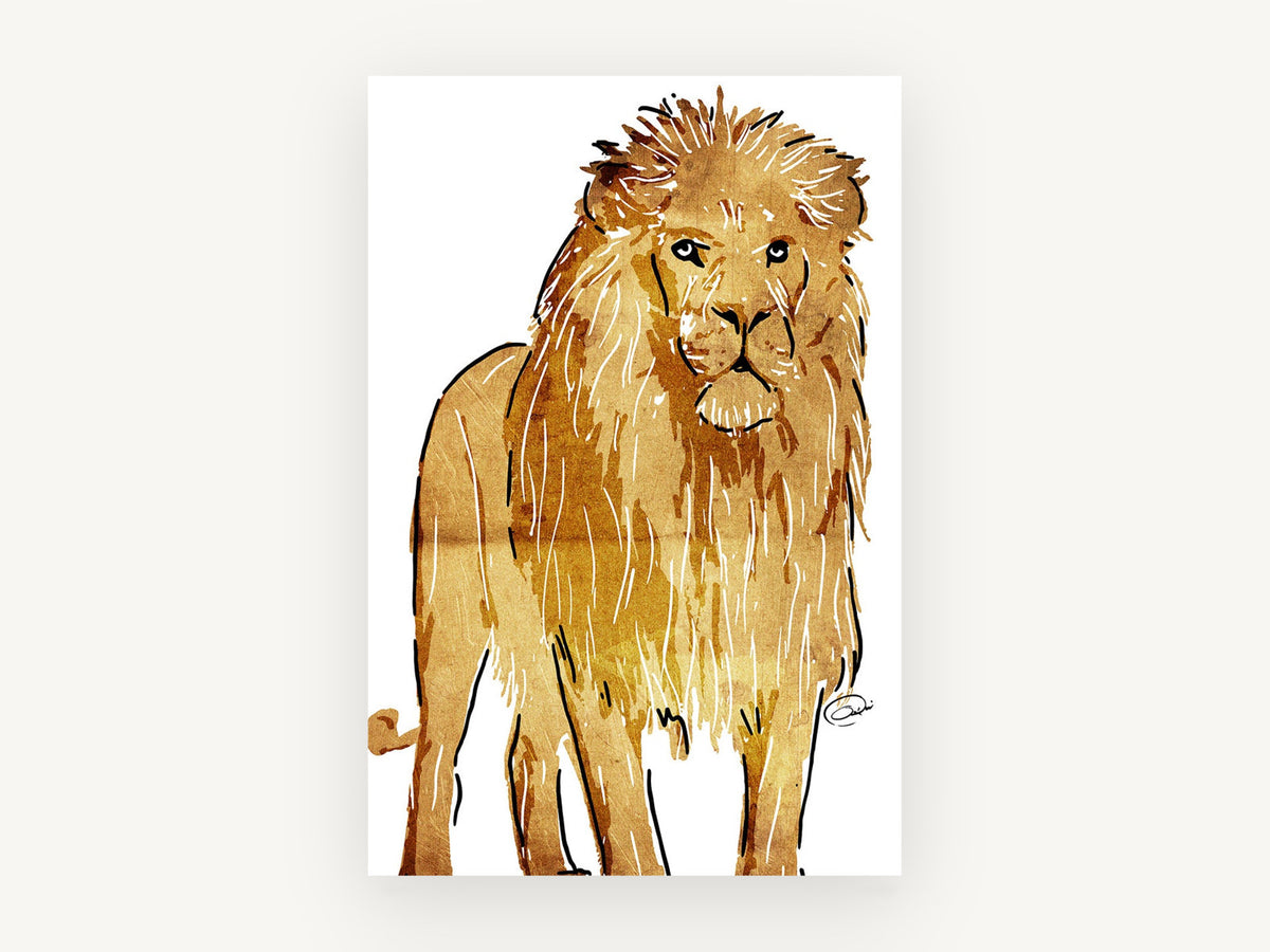 Golden Standing Lion, golden lion illustration portrait, animal canvas wall art print, front view