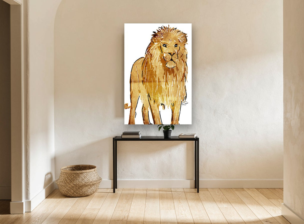 Golden Standing Lion animal canvas print on the wall of a hallway