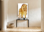 Golden Standing Lion animal canvas print on the wall of a hallway