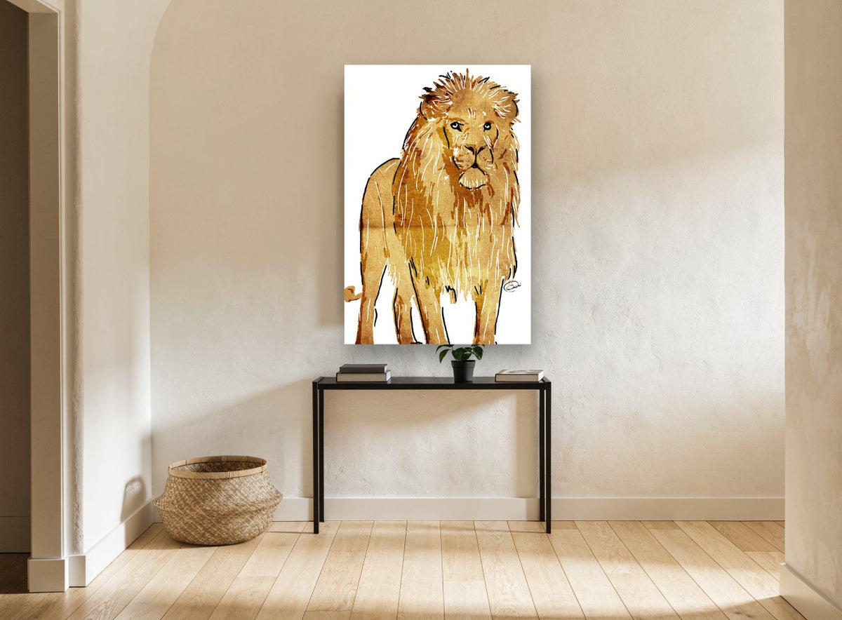 Golden Standing Lion animal canvas print on the wall of a hallway