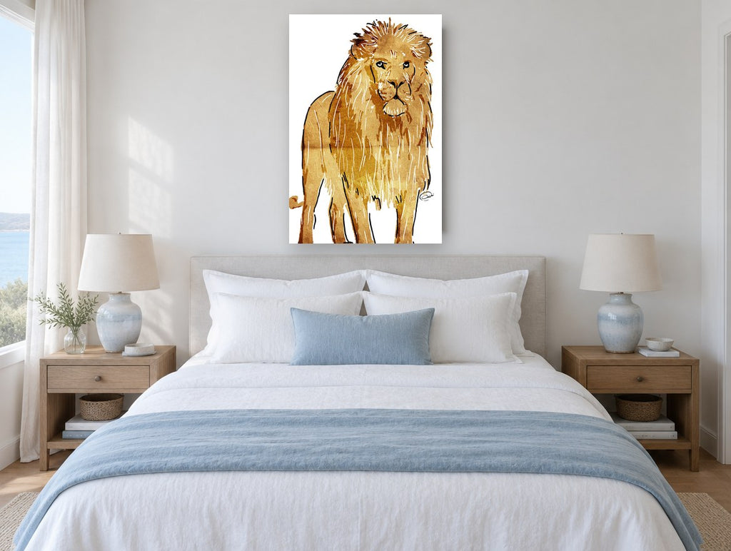 Golden Standing Lion animal canvas print on the wall of a bedroom