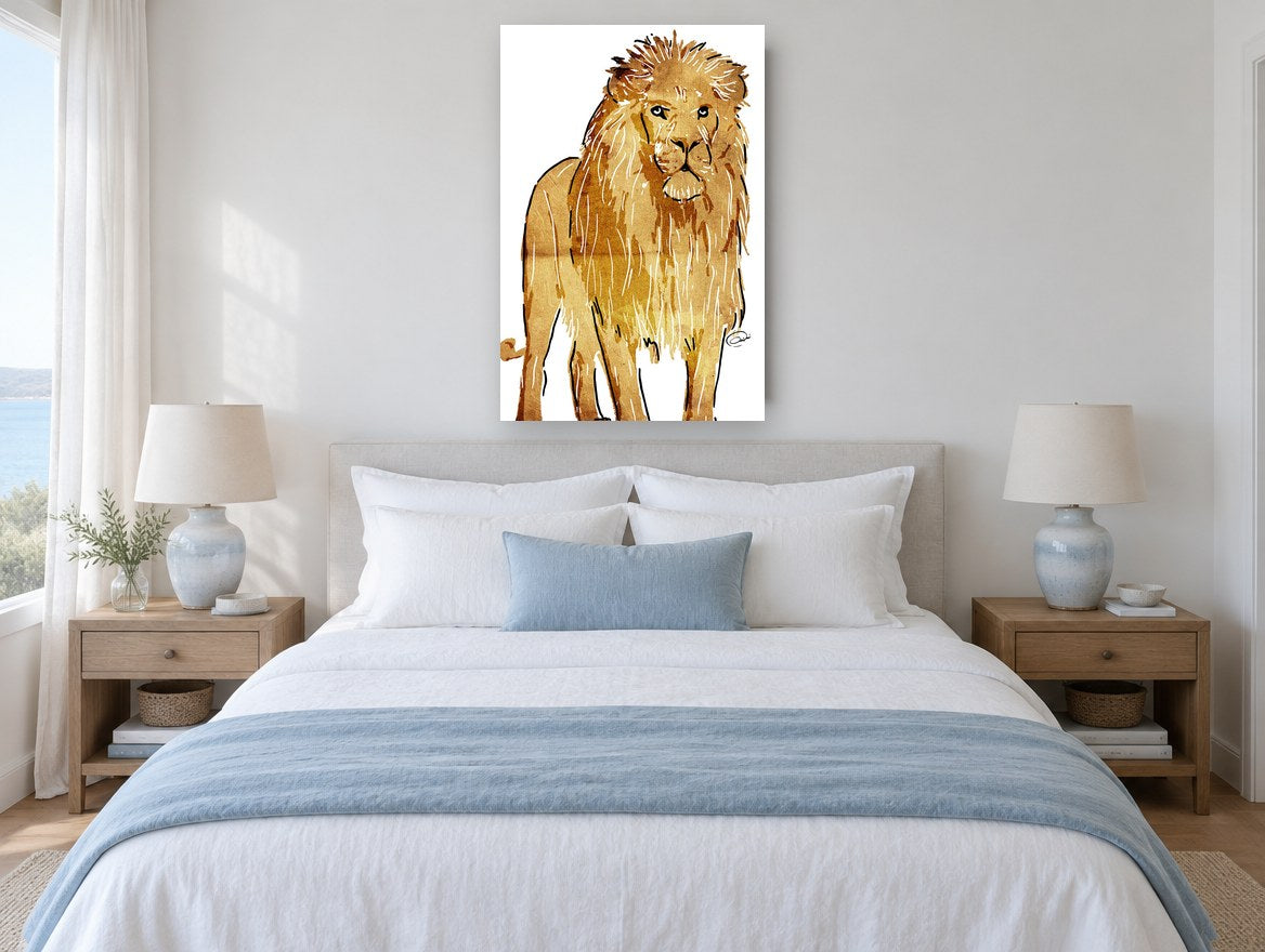 Golden Standing Lion animal canvas print on the wall of a bedroom