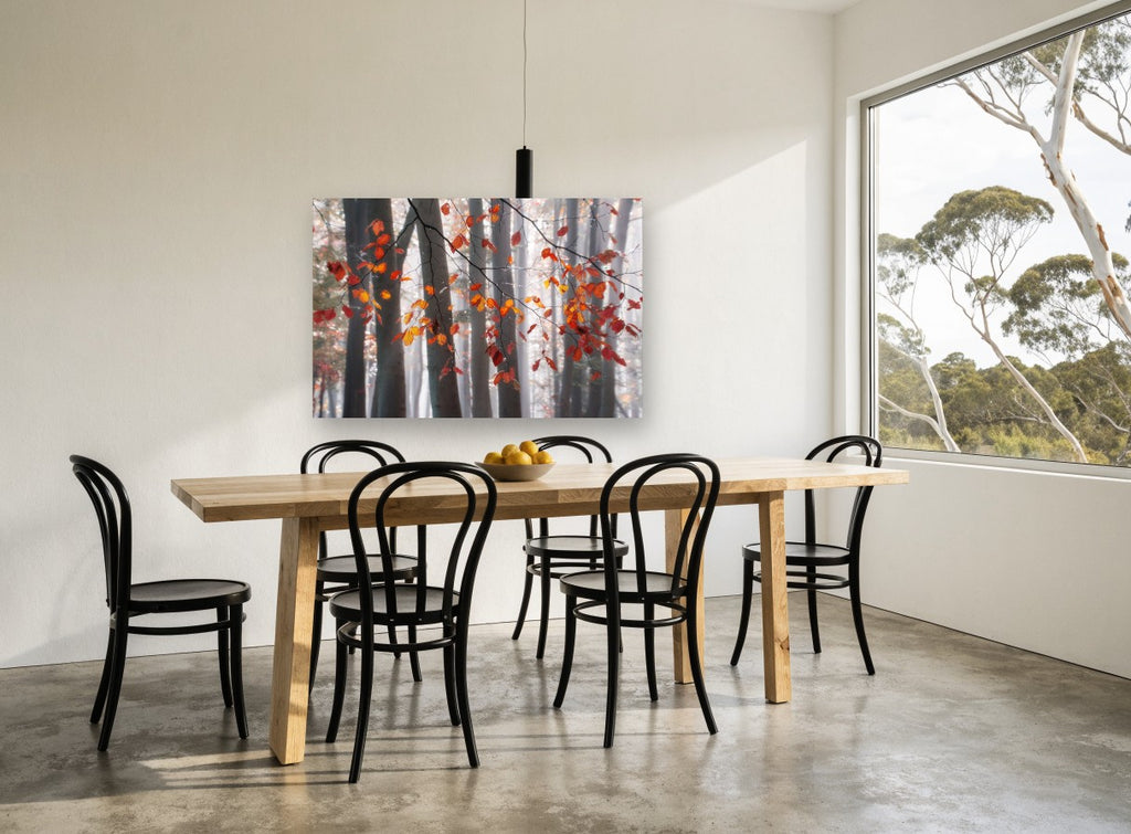 Copper Beech Mist landscape canvas print on the wall of a dining room