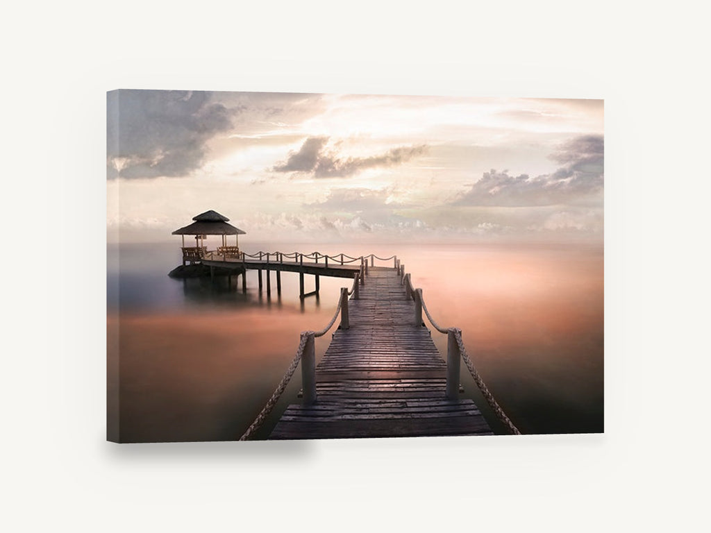 Dawn Jetty Calm, wooden jetty sunrise seascape photograph, coastal canvas wall art print ready to hang