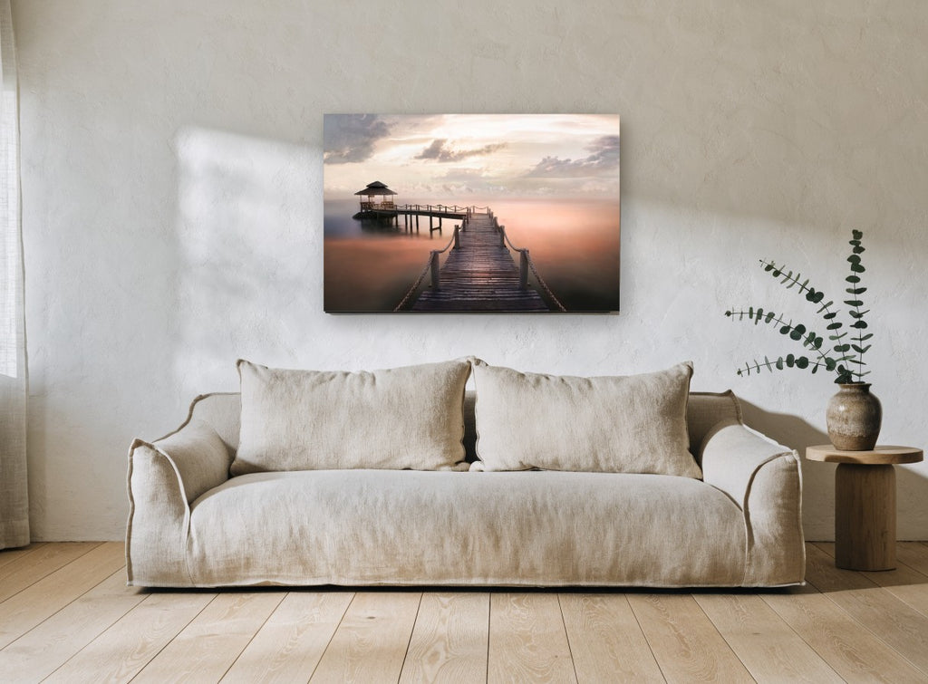 Dawn Jetty Calm coastal canvas print on the wall of a living room