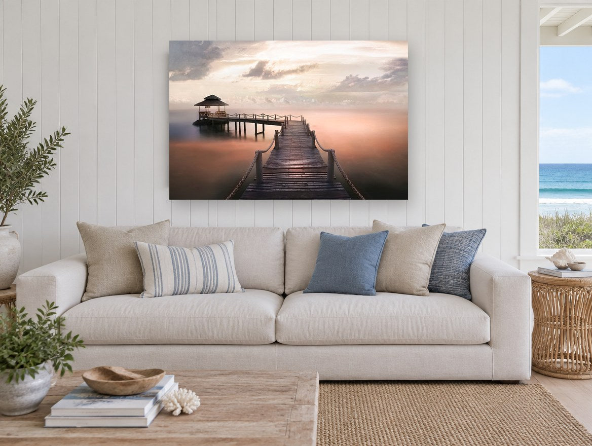 Dawn Jetty Calm coastal canvas print on the wall of a beach house living room