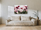 Poppy Meadow Blush floral canvas print on the wall of a living room