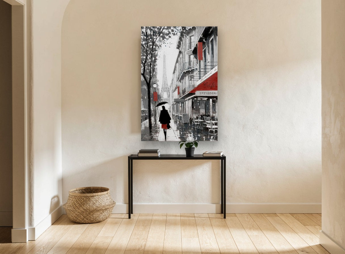 Rainy Paris Café Walk city canvas print on the wall of a hallway