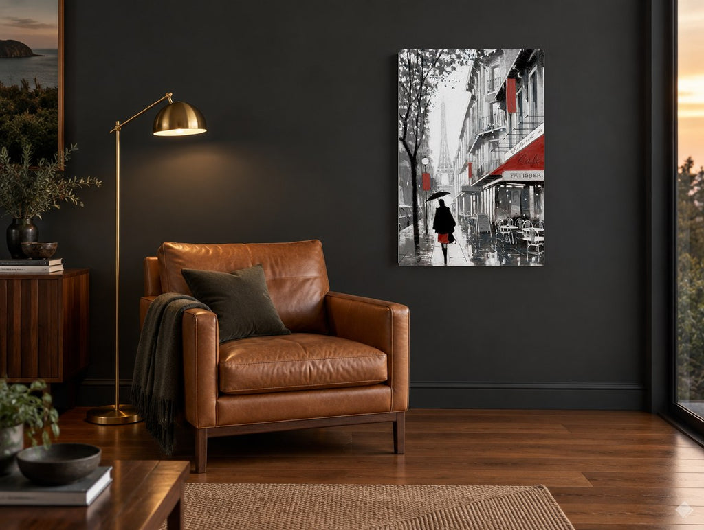 Rainy Paris Café Walk city canvas print on the wall of a charcoal living room