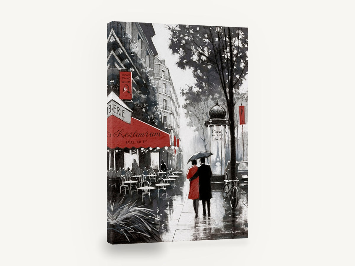 Rainy Paris Promenade, rainy paris street couple with umbrella, city canvas wall art print ready to hang