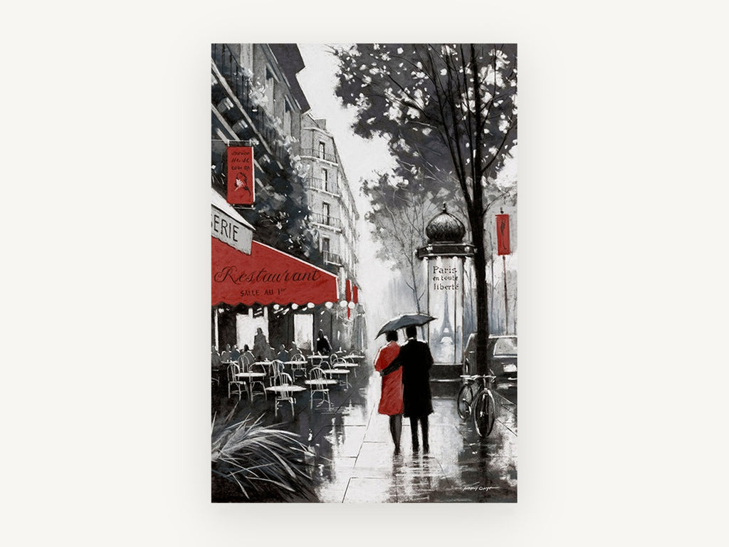 Rainy Paris Promenade, rainy paris street couple with umbrella, city canvas wall art print, front view