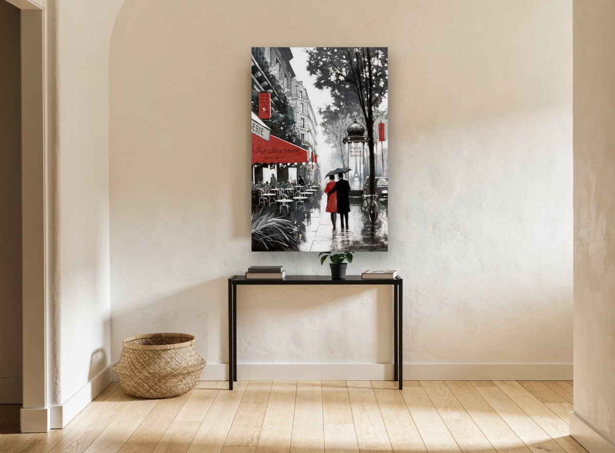 Rainy Paris Promenade city canvas print on the wall of a hallway