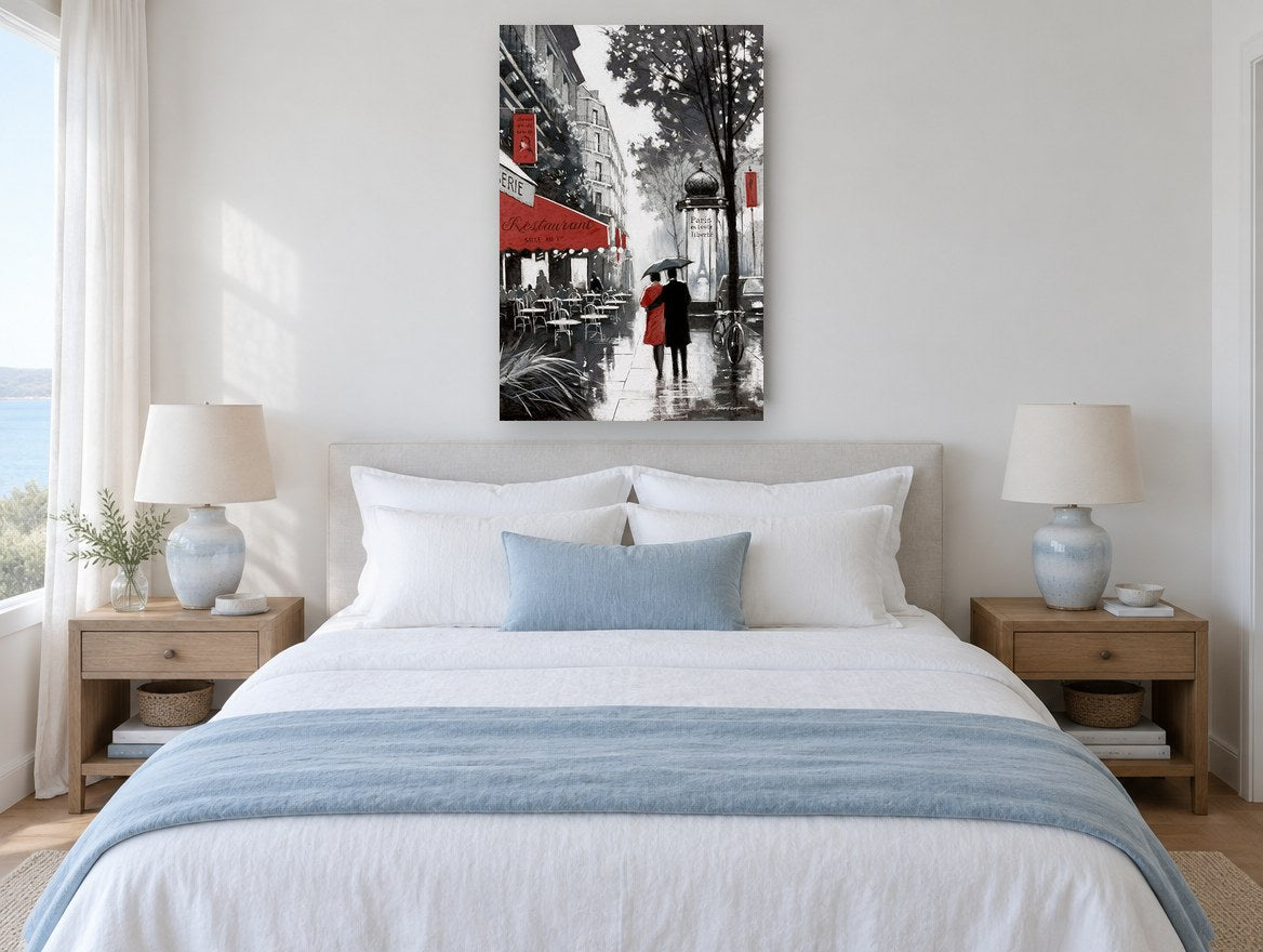 Rainy Paris Promenade city canvas print on the wall of a bedroom