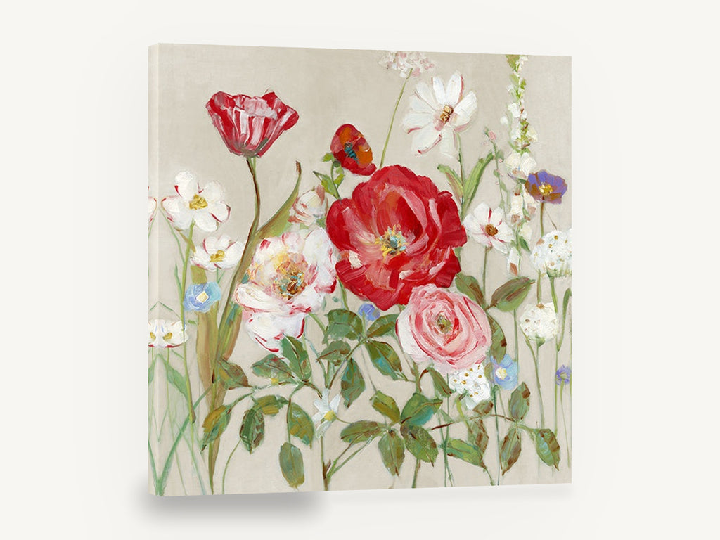 Red Poppy Meadow, red poppy and rose floral painting, floral canvas wall art print ready to hang