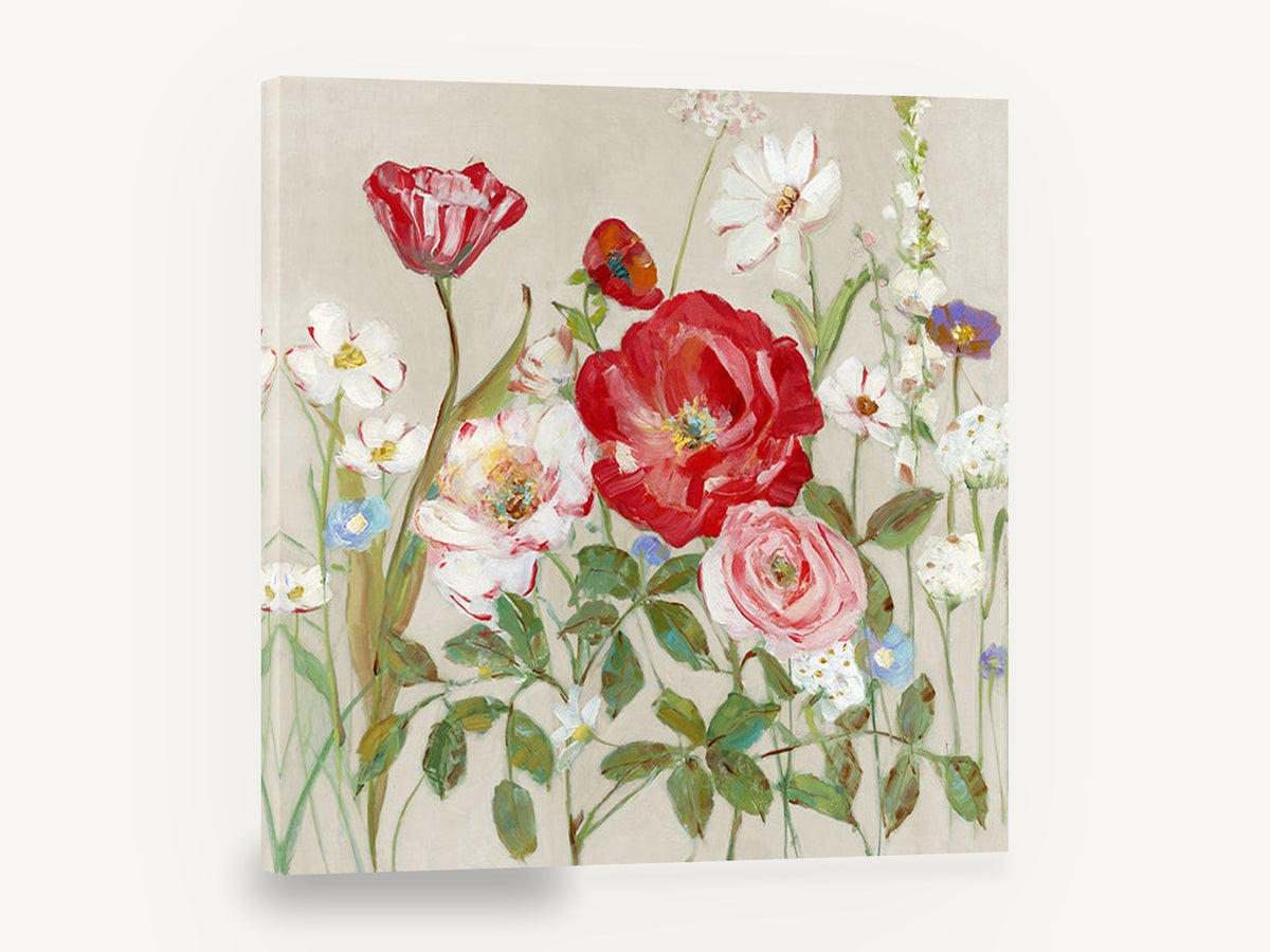 Red Poppy Meadow, red poppy and rose floral painting, floral canvas wall art print ready to hang