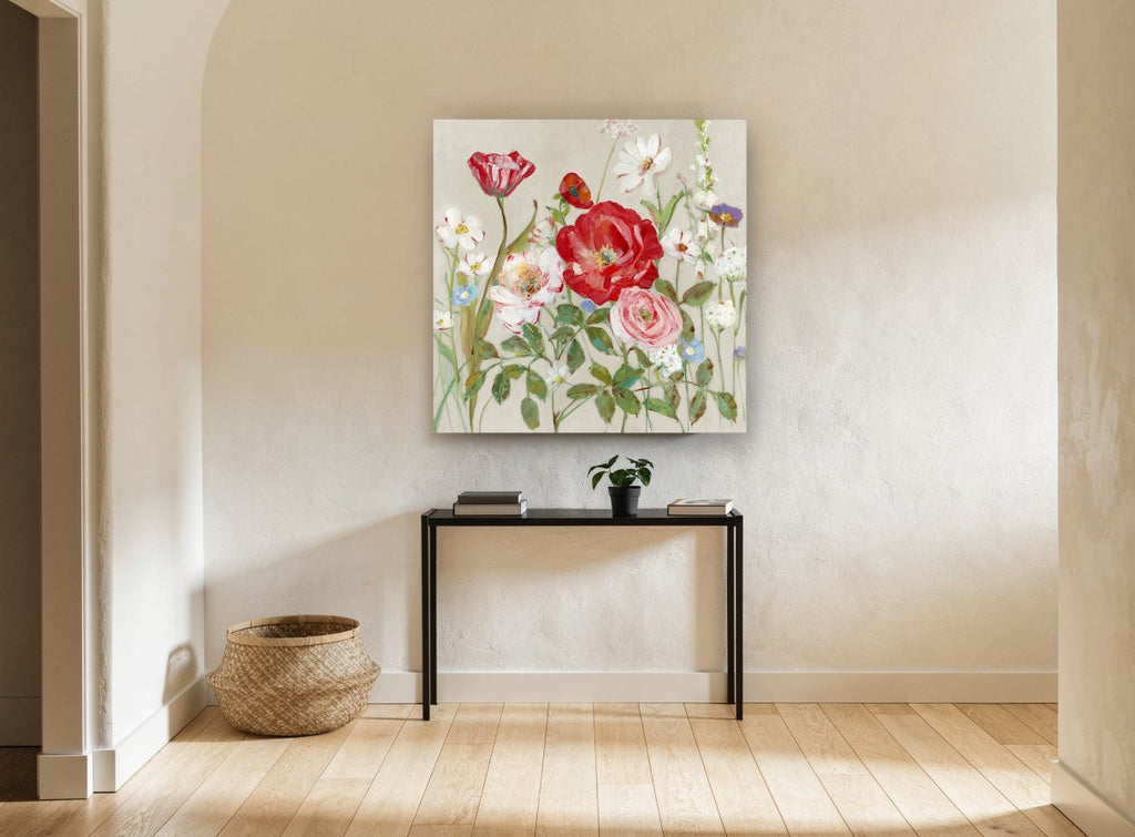 Red Poppy Meadow floral canvas print on the wall of a hallway