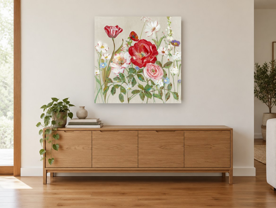 Red Poppy Meadow floral canvas print on the wall of a living room above a sideboard
