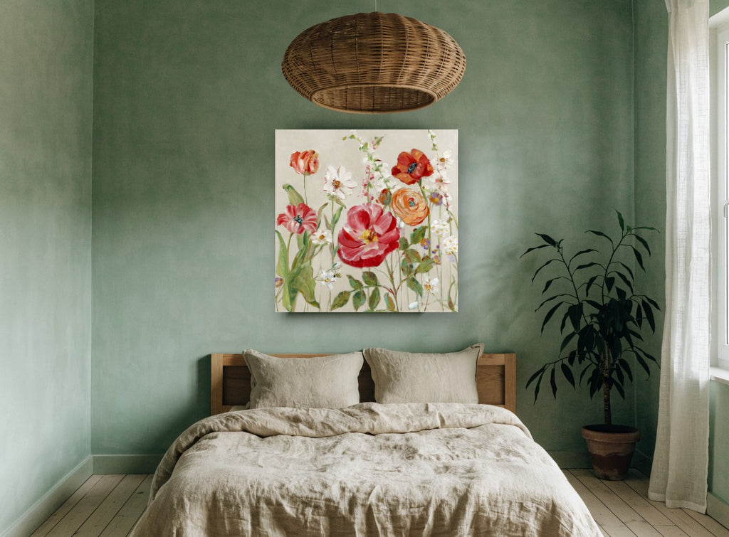 Red Poppies and Ranunculus floral canvas print on the wall of a bedroom