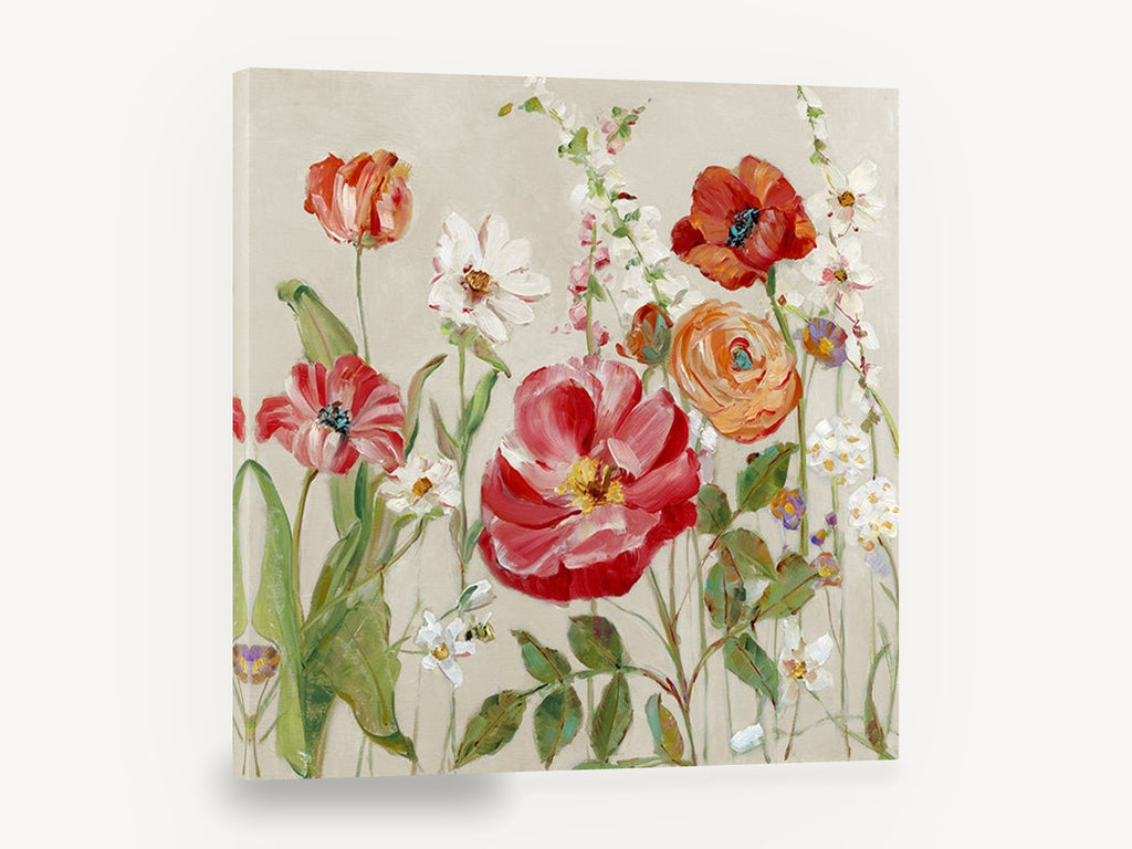 Red Poppies and Ranunculus, red peony poppy garden floral painting, floral canvas wall art print ready to hang
