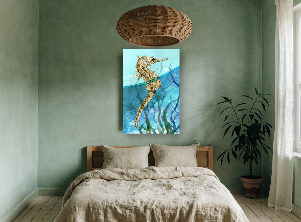 Seahorse at the Surface coastal canvas print on the wall of a bedroom