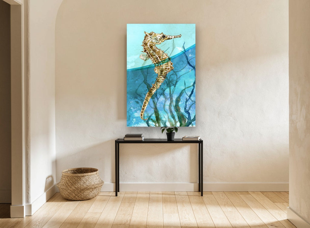 Seahorse at the Surface coastal canvas print on the wall of a hallway