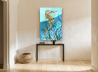 Seahorse at the Surface coastal canvas print on the wall of a hallway