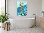 Seahorse at the Surface coastal canvas print on the wall of a bathroom