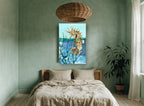 Seahorse at the Waterline coastal canvas print on the wall of a bedroom