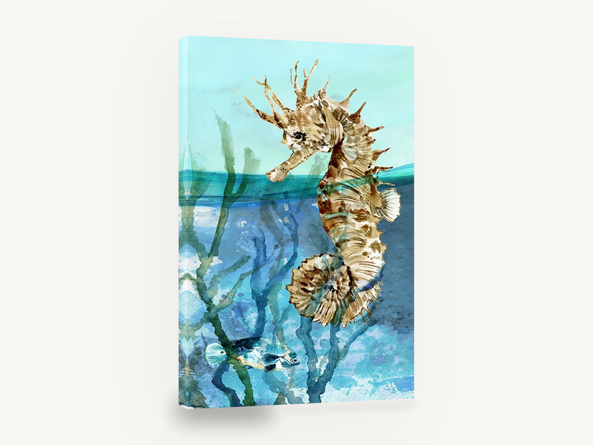 Seahorse at the Waterline, seahorse watercolour marine illustration, coastal canvas wall art print ready to hang