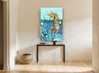 Seahorse at the Waterline coastal canvas print on the wall of a hallway