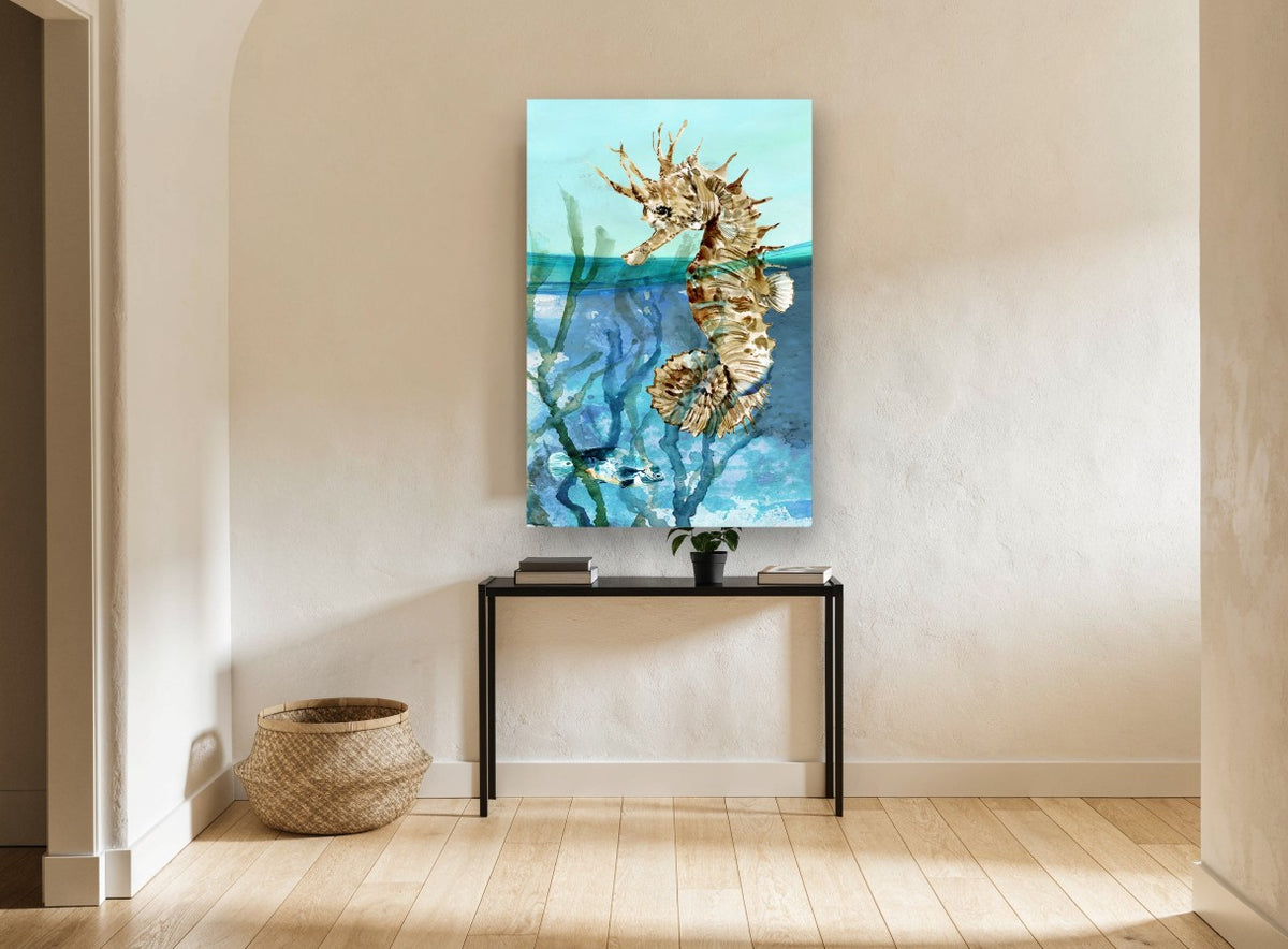 Seahorse at the Waterline coastal canvas print on the wall of a hallway