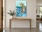 Seahorse at the Waterline coastal canvas print on the wall of a entry hall