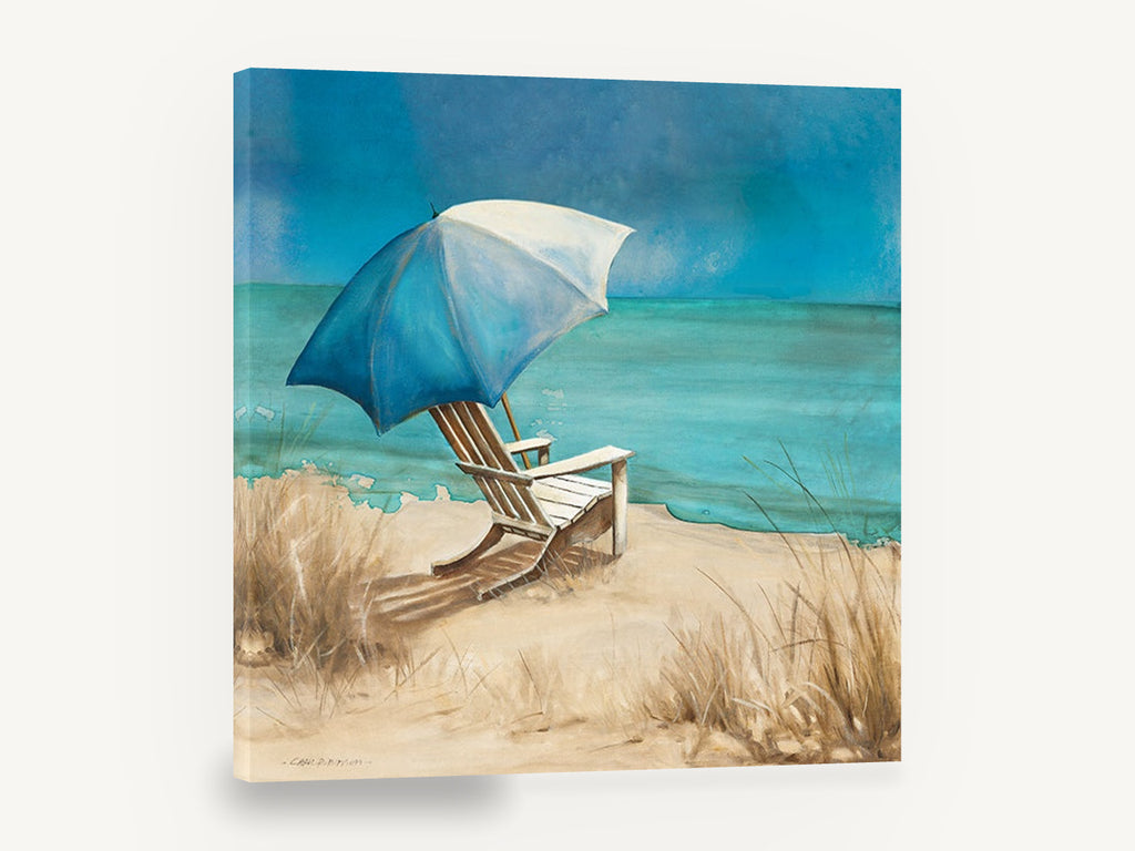 Shaded Teal Shore, beach chair and umbrella seascape, coastal canvas wall art print ready to hang
