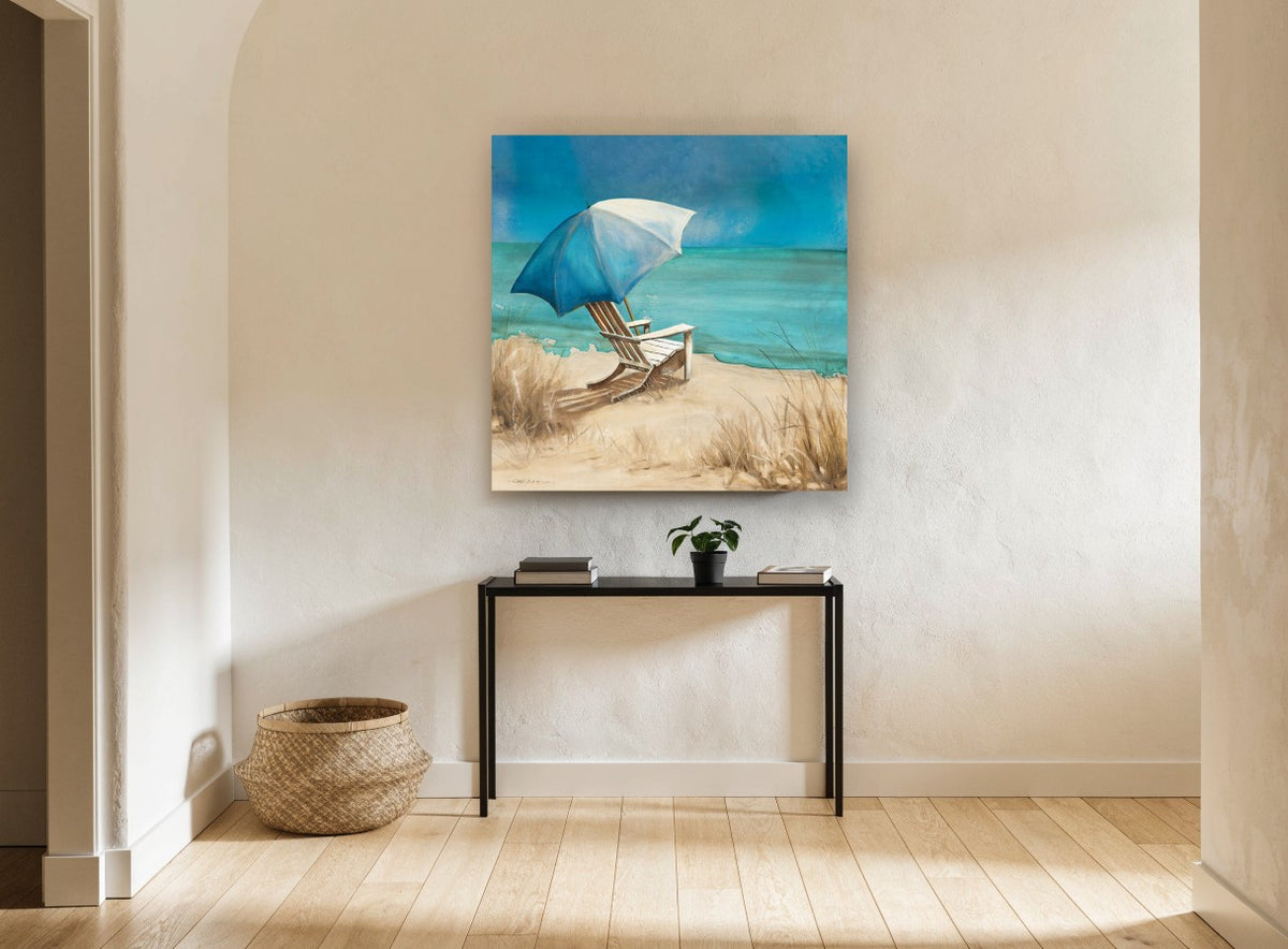 Shaded Teal Shore coastal canvas print on the wall of a hallway