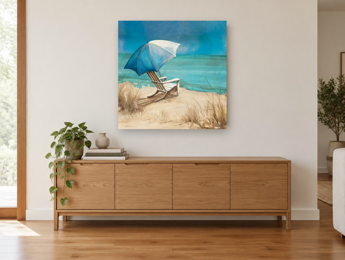 Shaded Teal Shore coastal canvas print on the wall of a living room above a sideboard