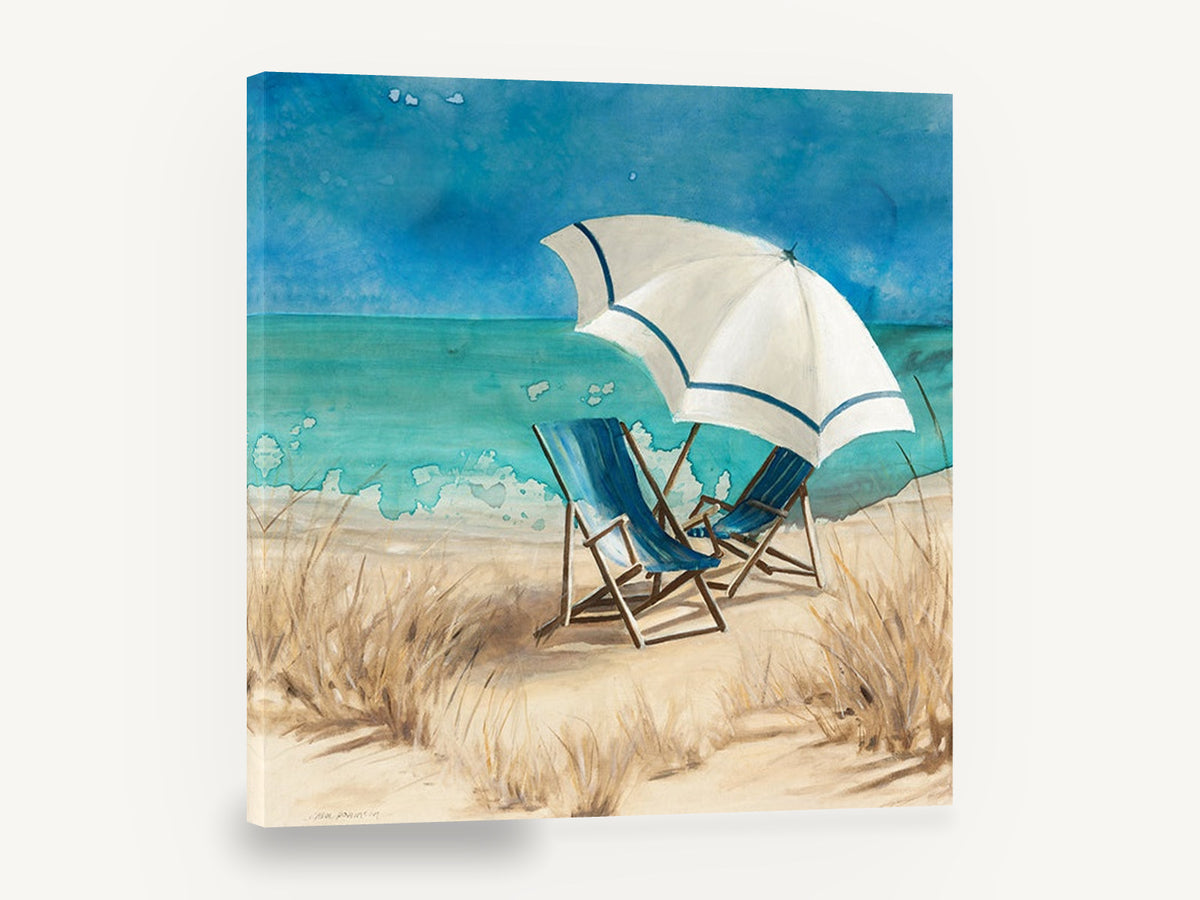 Shaded Chairs by the Shore, beach chairs and umbrella seascape, coastal canvas wall art print ready to hang