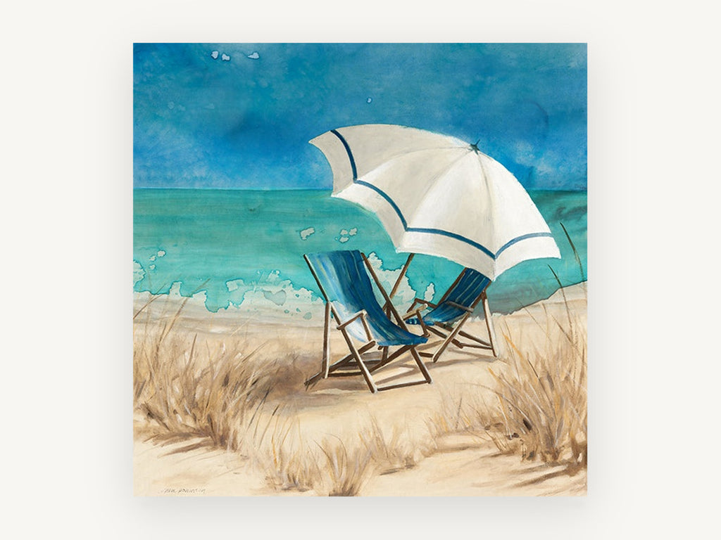Shaded Chairs by the Shore, coastal canvas wall art print, front view