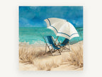Shaded Chairs by the Shore, coastal canvas wall art print, front view
