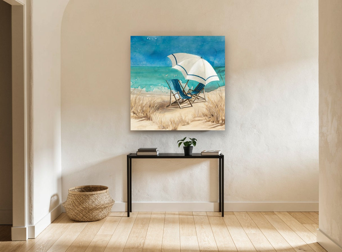 Shaded Chairs by the Shore coastal canvas print on the wall of a hallway