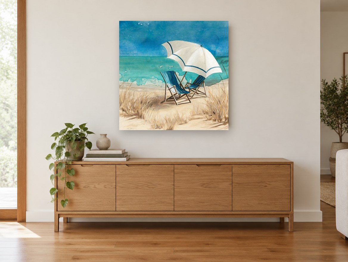 Shaded Chairs by the Shore coastal canvas print on the wall of a living room above a sideboard