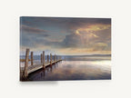Evening Jetty Calm, weathered jetty sunset reflection photograph, coastal canvas wall art print ready to hang