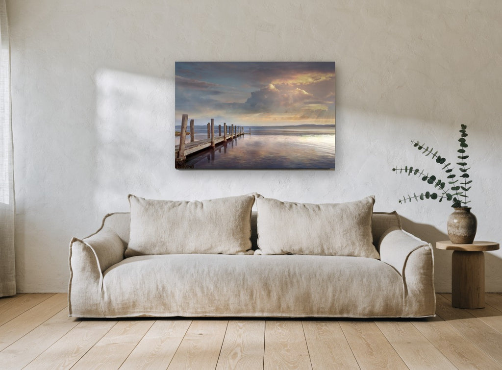 Evening Jetty Calm coastal canvas print on the wall of a living room