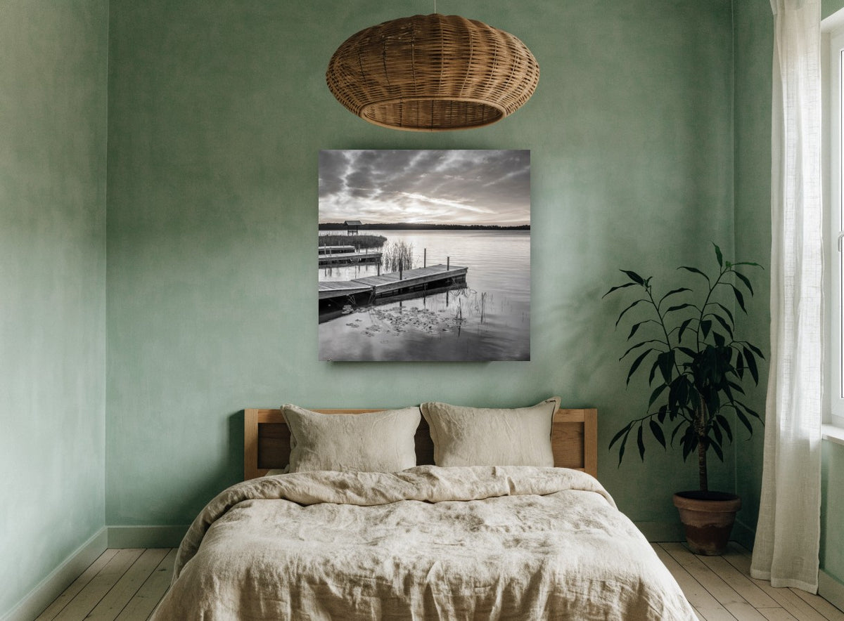 Quiet Dock Dawn landscape canvas print on the wall of a bedroom