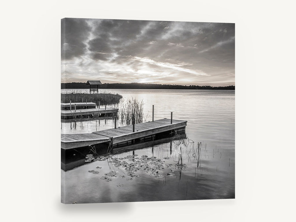 Quiet Dock Dawn, black and white lake dock photograph, landscape canvas wall art print ready to hang