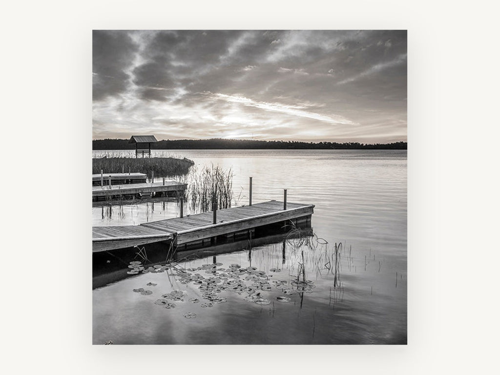 Quiet Dock Dawn, black and white lake dock photograph, landscape canvas wall art print, front view