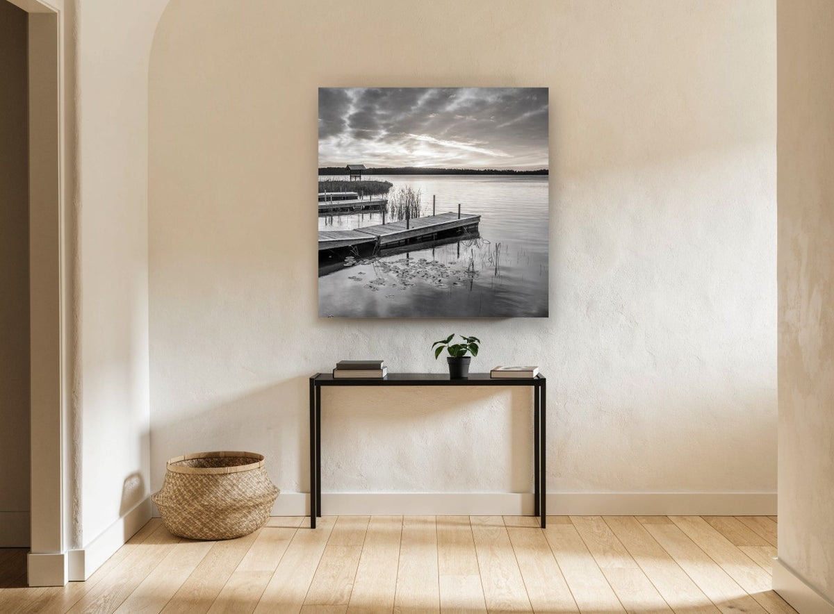 Quiet Dock Dawn landscape canvas print on the wall of a hallway