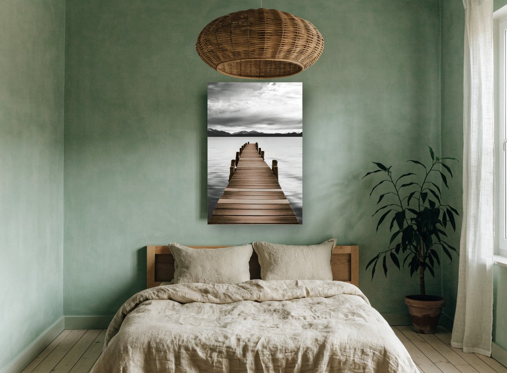 Jetty to Still Water landscape canvas print on the wall of a bedroom