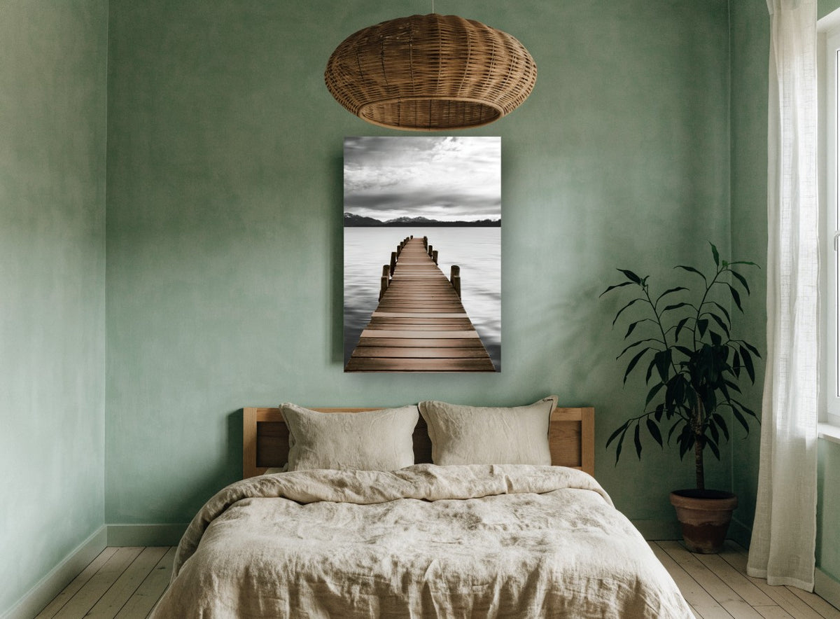 Jetty to Still Water landscape canvas print on the wall of a bedroom